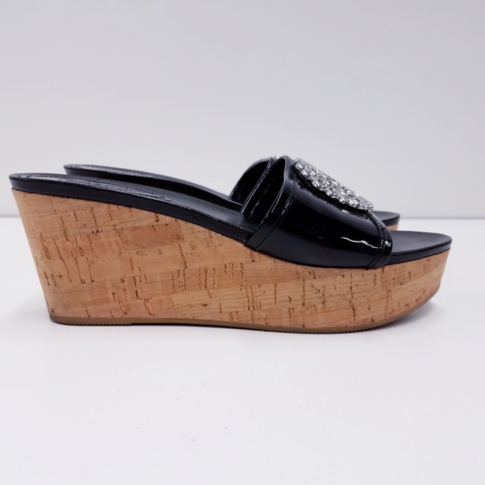 Coach Judith Black Patent Leather Cork Wedge Sandals